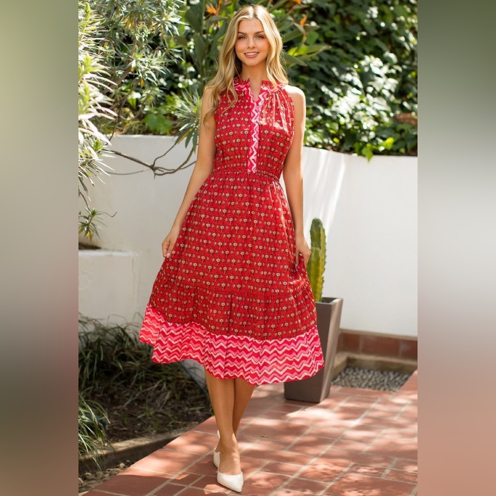 NEW THML RIVERSIDE 100% Cotton Bohemian Red Pink MIDI Sleeveless DRESS Sz L